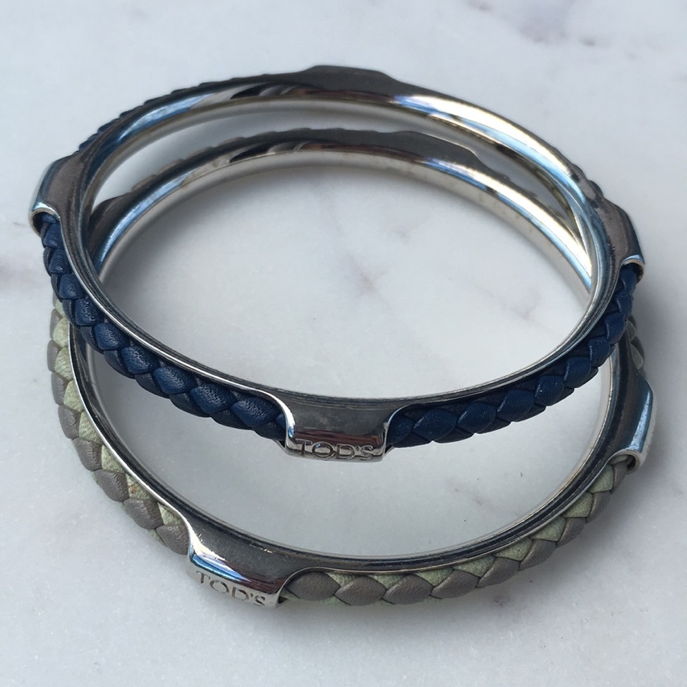 Authentic Tod’s Braided Woven Leather Silver Tone Bangle Bracelet (set of two)